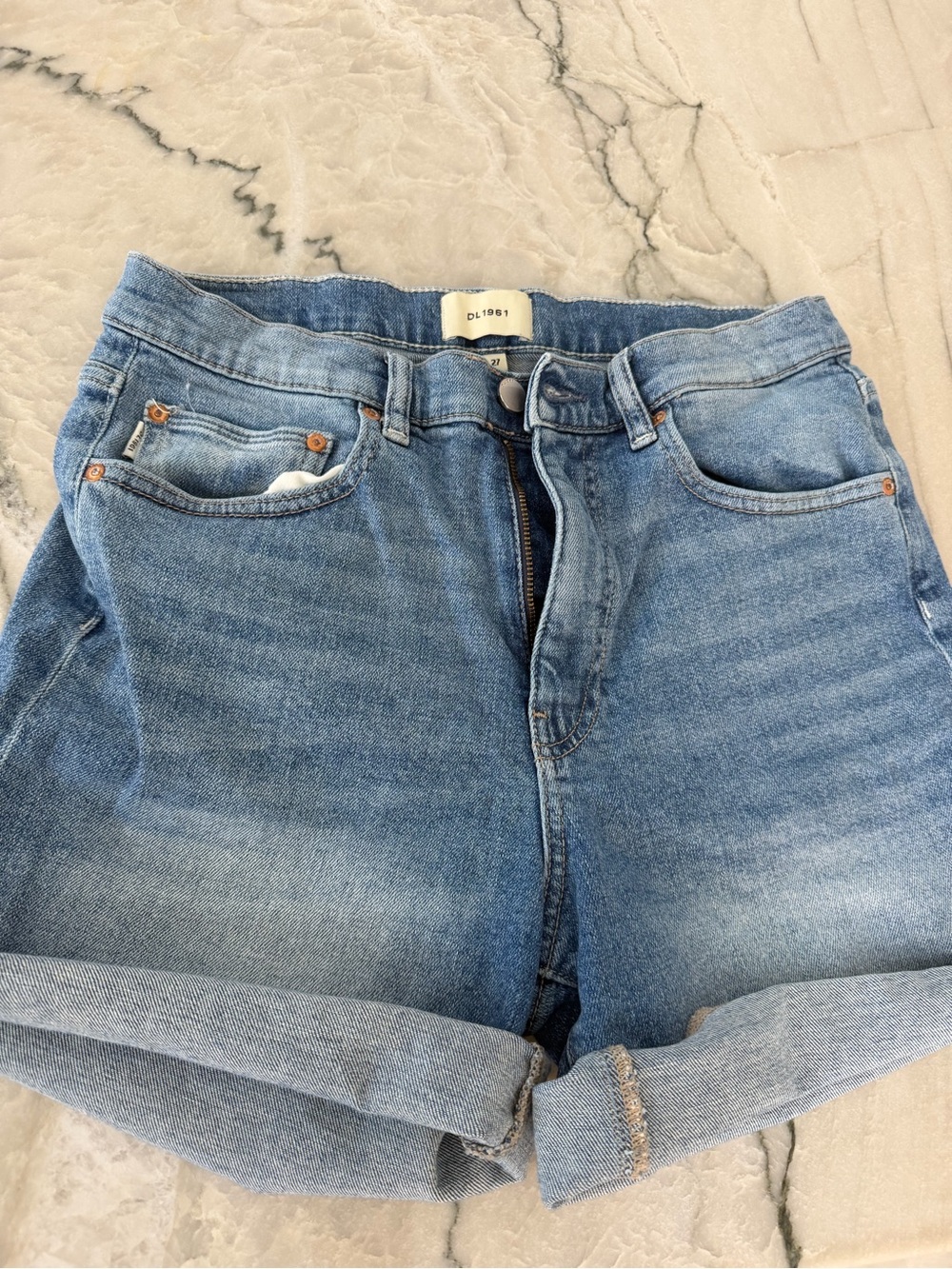 DL1961 Light Blue Denim Jean shorts with Brushed Silver Button